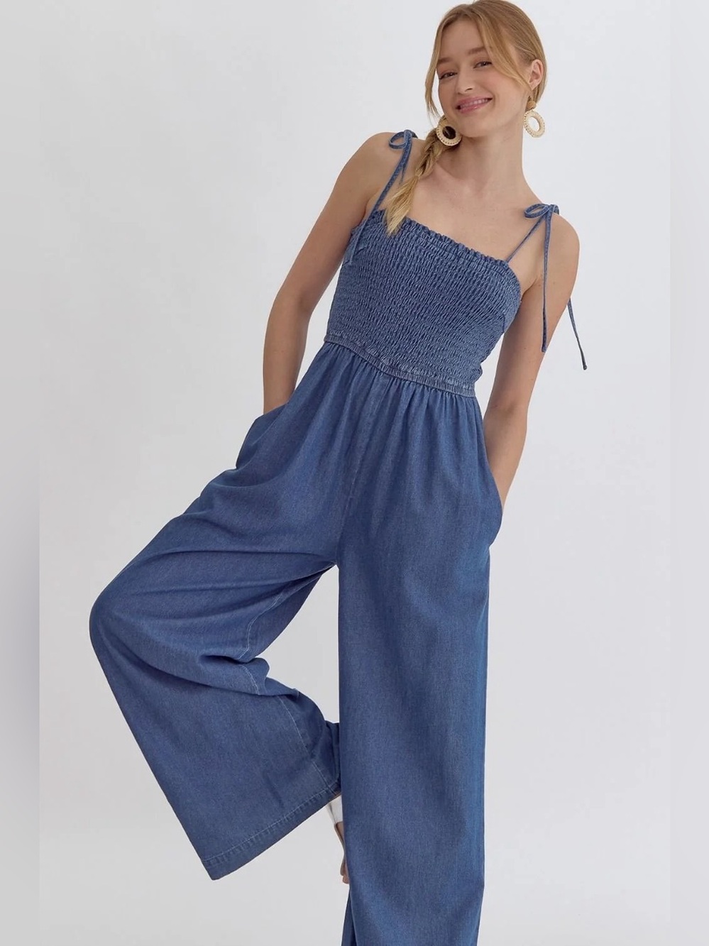 entro Blue Smocked Wide-Leg Jumpsuit with Tie Straps